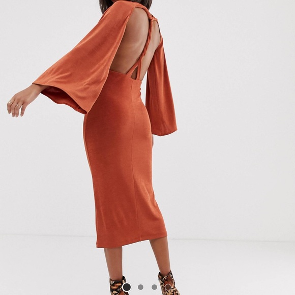 ASOS DESIGN twist back open back midi dress in rust - Picture 2 of 3